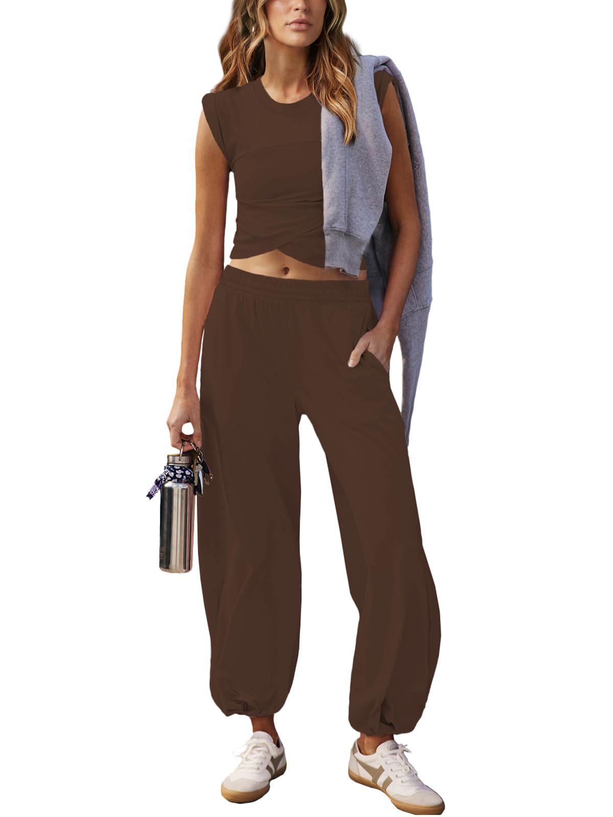 Outfeel Women 2 Piece Outfit Set Loungewear Cropped Tops and Jogger Sweatpant Matching Set Coordinated Sweatsuit with Pockets