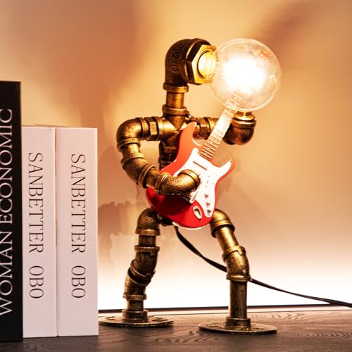 Image of Music Guitar Table Lamp Art Decor ,Steampunk Table Lamp,Retro Guitars Steampunk lamp,Cool Industrial Metal Tube Robot Lamp Guitar Stuff Present for Men Music Lovers