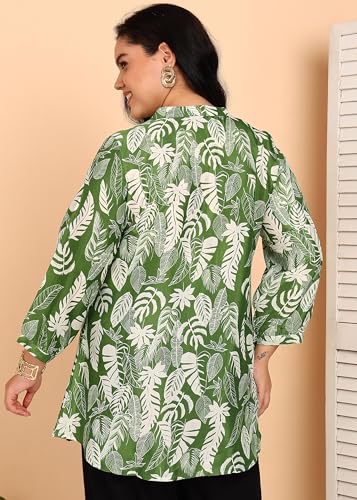 Image of Yash Gallery Women's Wrinkle Free Printed Short Kurti Mandarin Collar with Pintuck Pleats 3 /4th Sleeve
