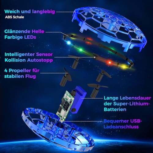 Skeufy Fliegender Ball, Magic Spinner Ball mit RGB Licht, Flying Orb Ball Mini Drohne für Kinder, Hand Controlled Schwebeball Spielzeug Geschenke für Jungen Mädchen 6-12 Jahre (Blau)