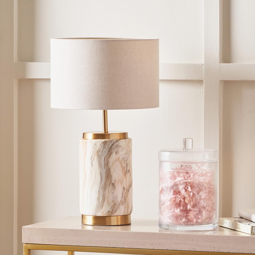 Pacific Lifestyle Natural Stone Effect Ceramic Table Lamp | Marble Effect Brown Lamp with Cream Shade | Elegant Art Deco Bedside Table Lamps (W28xD28xH48cm)