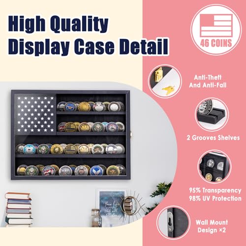 Image of Military Challenge Coin Display Case, 16 inchx12 inch Wooden American Flag Medal Shadow Box with Anti-Fade UHD Acrylic Door, Gold-Antitheft Lock, 2 Groove Shelves and Wall Mount (Black184)