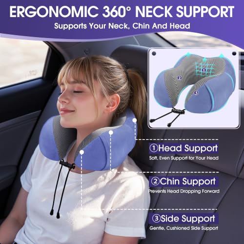 Image of CloudBliss Travel Pillow for Airplanes, Memory Foam Neck Pillow Set, Blue