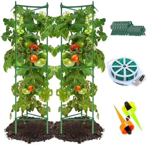 Megidok Tomato Cages - Garden Plant Stakes Support 2 Pack 49" with 164ft Plant Ties&20 Pcs Plant Clips&2 Watering Drip Devices for Climbing Plants Vegetable