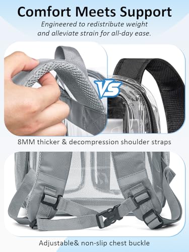 Image of Double-Layer Clear Backpack Heavy Duty, 17 Inch Large Clear Bookbag, Transparent See Through Backpack For School, Work, College, Travel, Sport- Light Grey