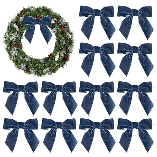 AIMUDI Dusty Blue Velvet Bows 4.5 Christmas Bows for Tree Premade Bows for Wreaths Twist Tie Bows for Gift Wrapping Festive Winter Decor Tree Garland Swag Wedding Decor - 12 PCs