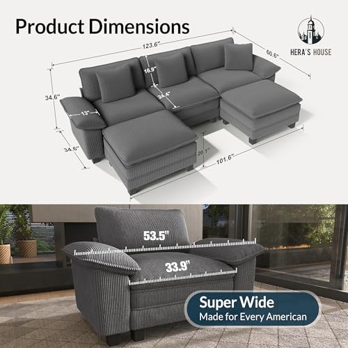 Image of HERA'S HOUSE 124 inch Oversized Modular Sectional U Shaped Sofa, Corduroy Grey | 5-Seater Living Room Couches, Wider Armrest and Deep Seat, Comfy Cloud Couch with Ottoman, Wood Sturdy Frame