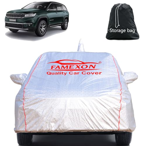 Image of Full Body Car Cover for Jeep Meridian with Mirror and Antena Pocket Triple Stiched(Silver with Red Piping)