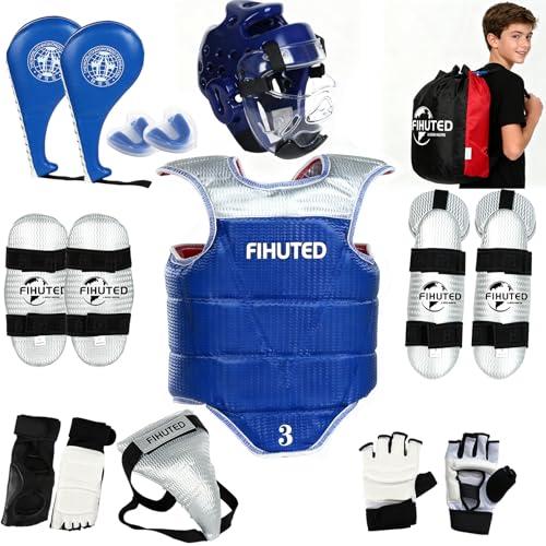 Taekwondo Sparring Gear Set with Helmet, Chest Guard, Arm & Shin Guards, Gloves & Foot Pads, Durable Lightweight Karate Protective Gear for Kids Youth Adults, Training Equipment with Carry Bag