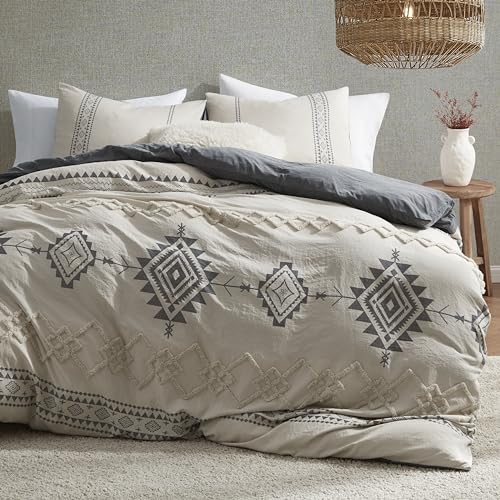 Image of Oli Anderson Boho Duvet Cover Set Queen Size, Beige and Gray Color Clash 3 Pieces Microfiber Bedding Set, Durable and Super Soft Duvet Covers with Zipper and Ties, 90 inch*90 inch