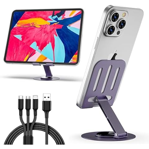 WATACHE Desk Phone Holder Stand, 360 Degree Rotating Phone Holder with Anti-Slip Base, Metal Folding Stand for iPhone Holder Fits All Mobile Phones, Switch, Kindle, iPad(Purple) Cover