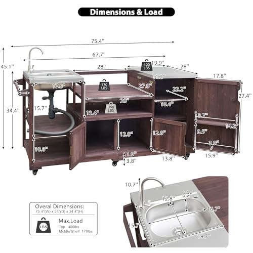 Image of Merax 75.4 inch Outdoor Grill Table for Big Green Egg, Outdoor Grill Cart with Sink, Solid Wood Grill Station Prep Table with with Stainless Steel Tabletop and Storage for Pizza Prep & BBQ,Brown