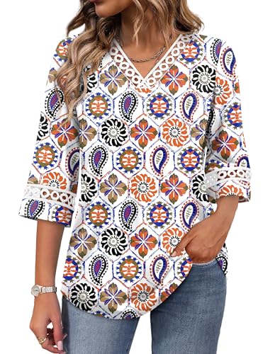 Image of WIHOLL Womens Tops Eyelet Lace V Neck 3 /4 Bell Sleeve Blouses Dressy Casual Work Shirt 2026 Summer Fall Fashion Clothing