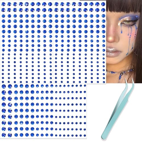 Image of NOOEPC Blue Face Gems Hair Gems, Self-Adhesive Face Jewels Eye Jewels Rhinestones 3 /4 /5 /6 mm DIY Face Gems Stick on, Rhinestones Gems Rave Accessories for Face Eyes