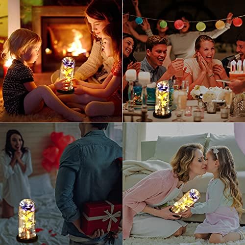 TINYOUTH Light Up Rose In Glass Dome Black Base, 24K Blue Rose with 20 LEDS String Light, Batteries Included Beauty and the Beast Rose for Women/Her/Mum Wedding Anniversary Valentines Birthday Xmas