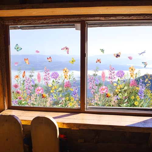WandSticker4U®- Fenstersticker BLUMENWIESE bunt (95x59 cm) I Fensterbilder Frühling selbstklebend Blumen Pflanzen I Fensteraufkleber Fensterdeko Blumen Frühlingsdeko Fenster wiederverwendbar GROß