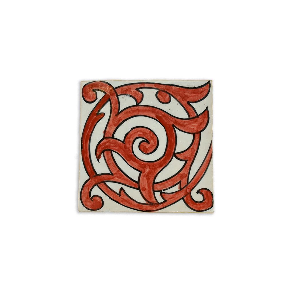 Red Andaluz with Black Border, Set of 4 Moroccan Glazed and Hand Painted Ceramic Wall and Floor Tiles, Indoor and Outdoor, 10 x 10 cm -