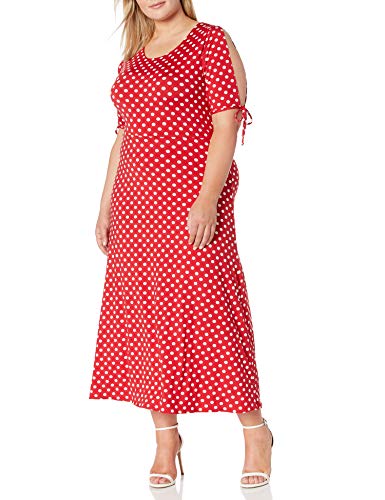 Star Vixen Women's Plus-Size Short/Slit Sleeve Keyhole-Back Skater Seam Maxi Dress, red/White dot