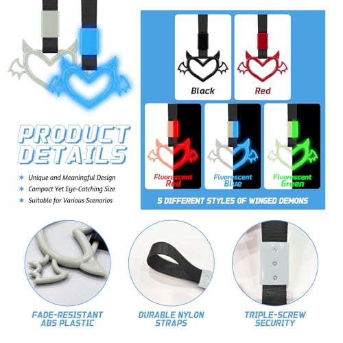 Image of 2 Pcs Devil Heart Shaped Car Handle Strap - JD M Drift Charm Rear Bumper Warning Ring Decor for Car Interior Exterior, Subway Bus Handle Accessory, Cute Heart Car Decor Gift (Luminous Blue-Wing)