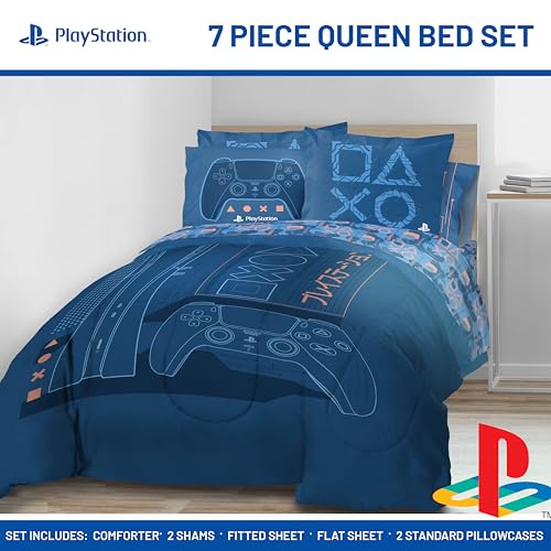 Image of Jay Franco Kids Bed Set, Blue, PlayStation, 7 Piece Queen | Cozy Soft Bedding for Stylish Room Decor with Comforter, Sheets & Pillow Covers