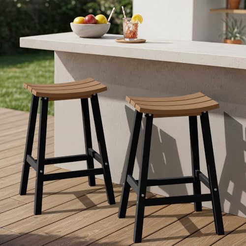 Image of Ciokea 2 Set 29 inch Outdoor Bar Stools, Heavy Duty HDPE Outdoor Stools Weatherproof Waterproof Patio Seats Modern Bar Height Tall BarStools for Bar Deck Balcony Kitchen Yard, Black and Teak