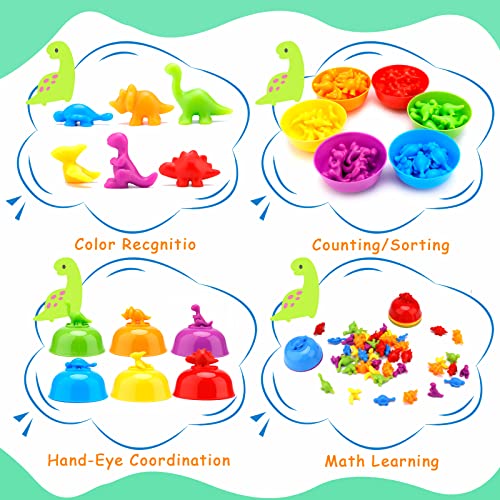 MOOING Farben Lernen ab 3-5Jahre, 48pcs Montessori Mathe Spielzeug, Motorikspielzeug Dinosaurier Zählen, Mathe Lernspielzeug mit Passenden Bechern Und Pinzetten, Jungen Spielzeug Geschenk