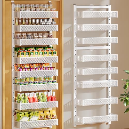 POKIPO 8-Tier Over the Door Pantry Organizer, 2 IN 1 Wall Mount or Hanging Spice Rack with Adjustable Raised Basket, Heavy Duty Back of Door Storage for Kitchen Bathroom Laundry Room