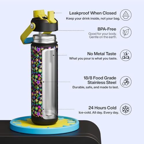 Image of ENCOOL Insulated Water Bottle with Straw Stainless Steel Water Bottle, Glow in the Dark, Leak-Proof, BPA-Free, Keeps Cold for 24 Hours for Sports, Travel, School (26 oz, Neon Galaxy)