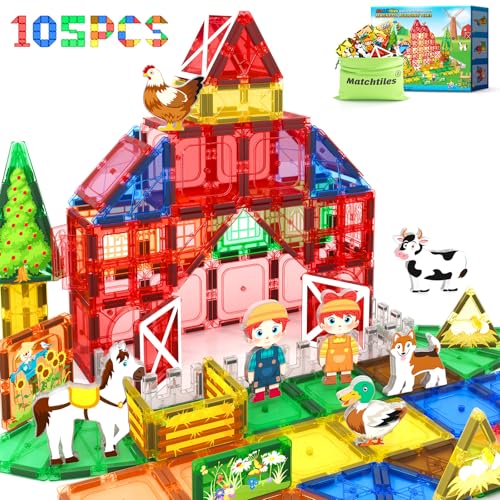 105 PCS Magnetic Tiles with Farm Animals Magnetic Blocks Building Toys for 3+ Year Old Toddler Construction STEM Magnet Toys Gift for Kids Boys and Girls 3 4 5 6 7 8+ Year Old