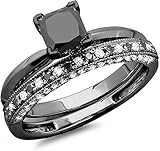 Aryan Jewels 2.30 Ct Princess & Round Cut Black White Diamond Bridal Ring Set Engagement Wedding...
