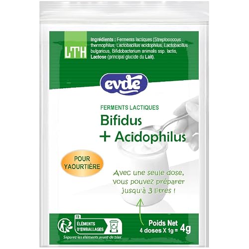LTH - Ferments lactiques pour yaourt maison avec probiotiques, aux Bifidus et Acidophilus actifs. Préparation en poudre pour yaourtière. 1 paquet= 4 doses concentrées= jusqu'à 12 litres soit 96 pots