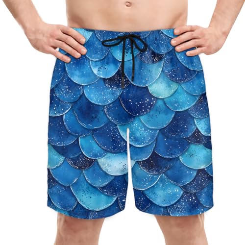 Men's Swim Trunks Size S Fish Scaled with Mesh Lining Soft Breathable Quick Dry Beach Shorts Jewel Blue