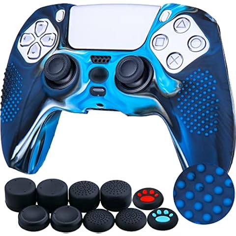 YoRHa Studded Silicone Rubber Gel Customizing Skin Cover for PS5 Dualsense Controller x 1(Camouflage Blue) With Pro thumb grips x 10 Cover
