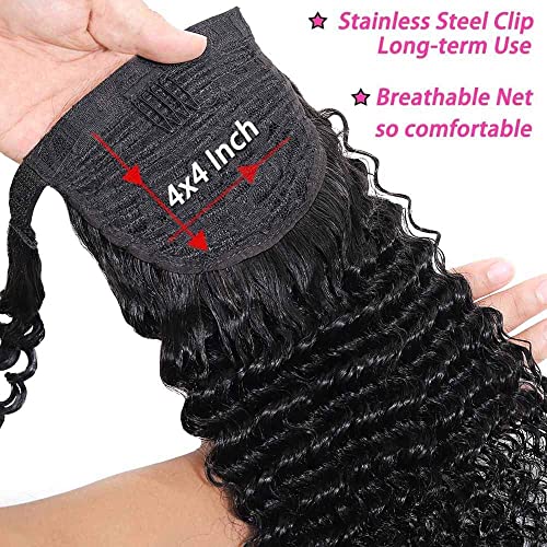 Seelaak 16 Inches Kinky Curly Hairpiece Wrap Around Ponytail Hair Piece With Magic Paste Clips Human Hair Ponytail Extensions Magic Paste Binding Pony Tail Hairpiece For Black Women thumb #2