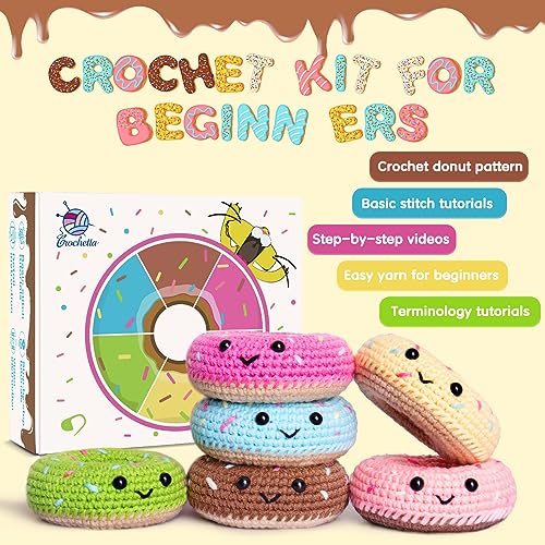 Image of Crochet Kit for Beginners, Beginner Crochet Starter Kit w Step-by-Step Video Tutorials, Learn to Crochet Kits for Adults & Kids, DIY Knitting Supplies, 6-Pack Donut Family(40%+ Yarn Content)