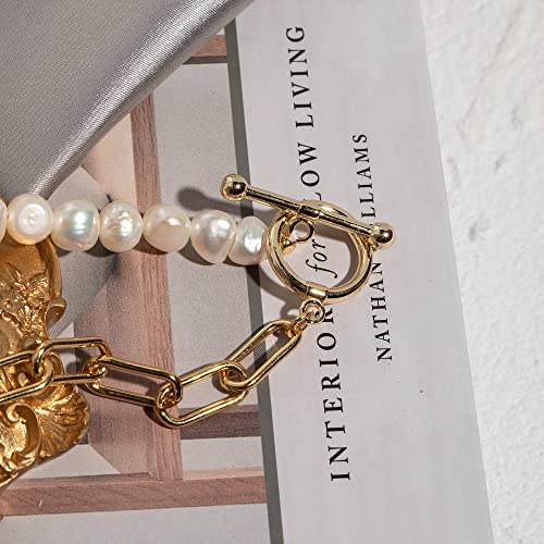 Cowlyn Paperclip Pearl Bracelet Baroque Culture Link Chain 18K Gold Plated Dainty Handmade Bangle Charm Jewelry Present For Women Girls #TOP7