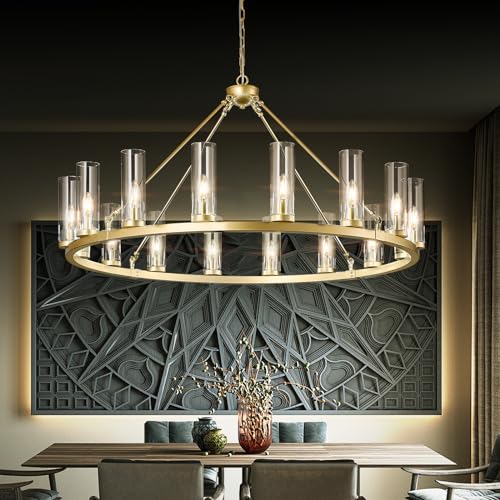 Image of 16 Light Large Wagon Wheel Chandelier with Clear Glass Shade Gold Round Pendant Light Farmhouse Industrial Chandeliers Dining Room Light Fixture for Stair Living Room Foyer Kitchen