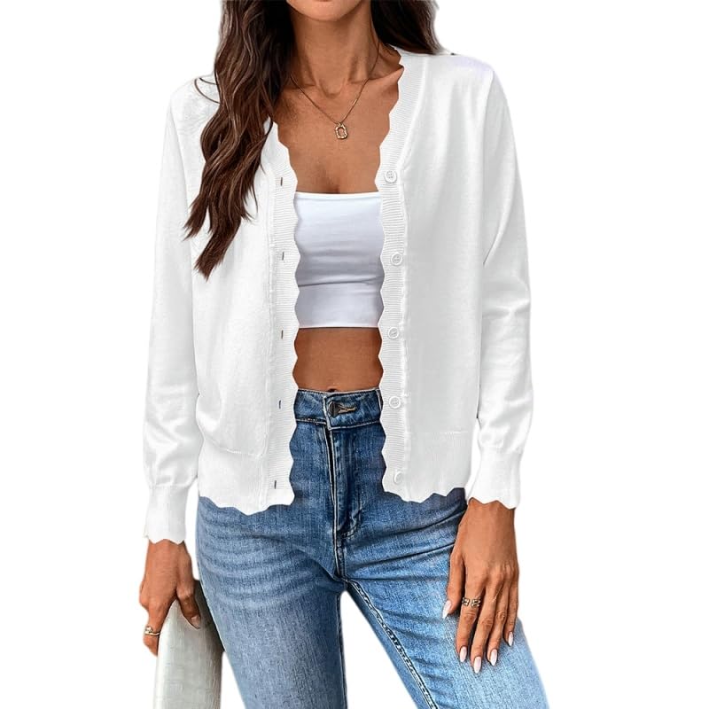 Générique Bolero Femme Chic et Elegant,Gilet D'Été Léger en Maille de Soie Glacée pour Femme Pull À Col en V Boutonné sur Le Devant Boléro Bord Festonné Maille Côtelée Idéal pour Les Vacances La Pl