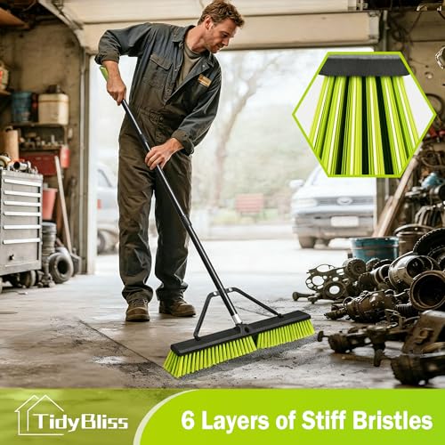 TidyBliss 24” Push Broom Outdoor Heavy Duty, Large Commercial Stiff Bristle Brush with 63 inches Long Handle for Garage Shop Garden Yard Patio Deck Street Warehouse Lawn Driveway (Yellow-Green) - Image 3