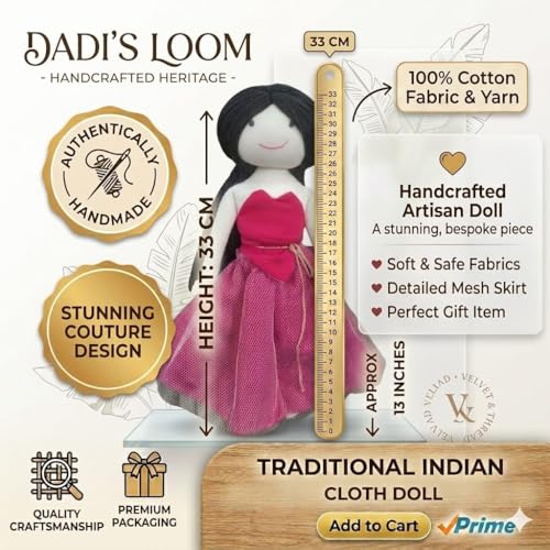 Image of Handcrafted Indian Rag Doll Set, Pink Soft Cotton Fabric Cloth Dolls with Yarn Hair, Traditional South Indian Dolls for Kids, Decor & Gifting