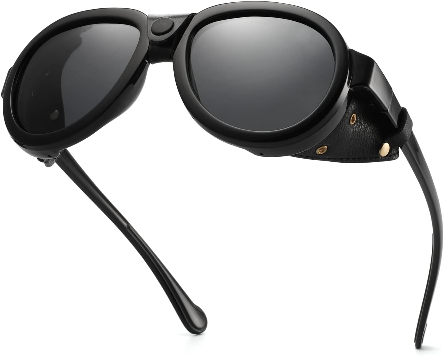 Retro Aviator Steampunk Polarized Sunglasses with Leather Side Shield Vintage Goggles Gothic Eyewear for Men Women