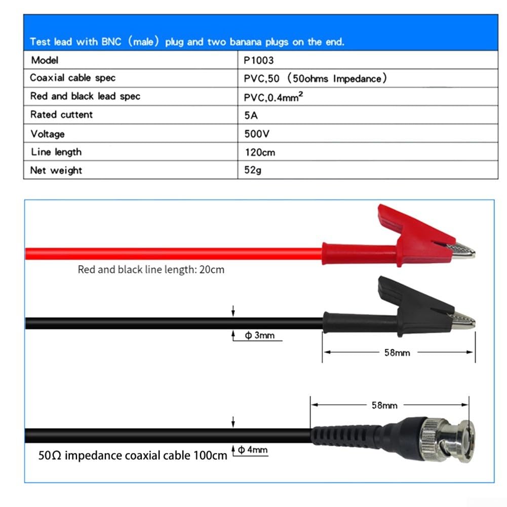Cloudpower BNC to Crocodile Clips Cable, P1003-Alligator Clip Test Line Double Clip Line Oscilloscope Probe Full Copper Pressure-Resistant Fish Clip Q9BNC - Double Clip Connection