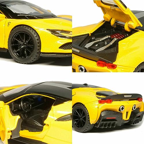 Image of 1:32 Diecast Ferrari SF90 Alloy Metal Pull Back Die-Cast Car Scale Model Pullback with Sound Light Mini Auto Toy car for Kids Best Gifts Toys for Kids Boys Yellow