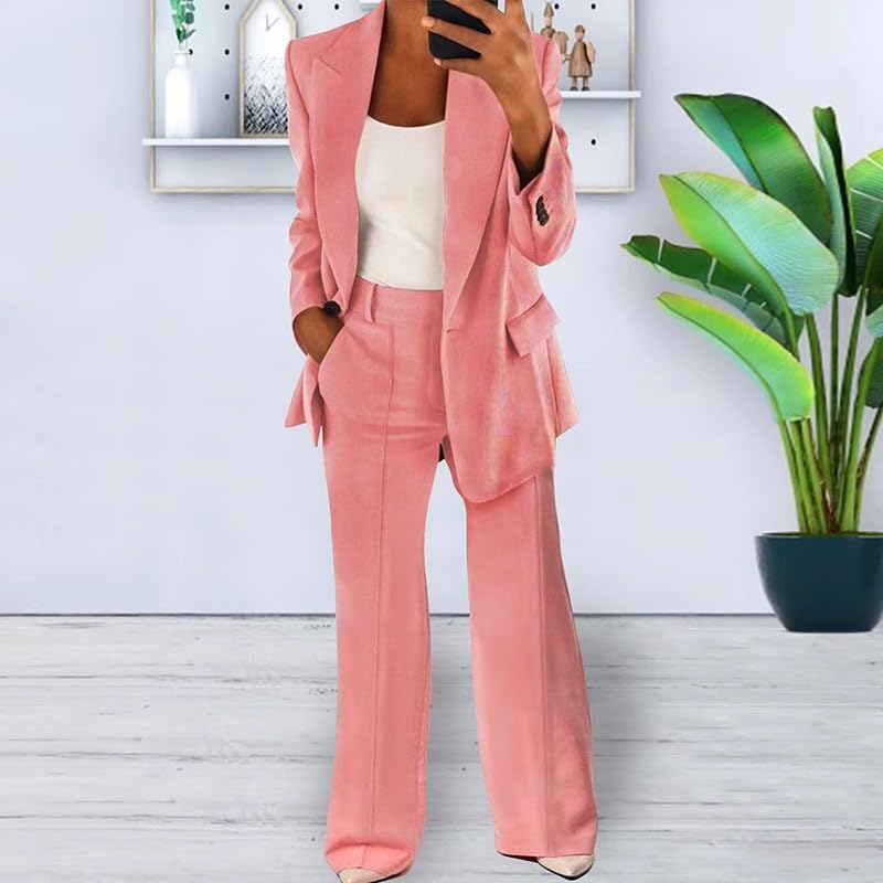 2 Piece Outfits for Women Dressy Blazer Lapel Slim Jackets High Waisted Straight Wide Leg Pants Suits Business Casual2