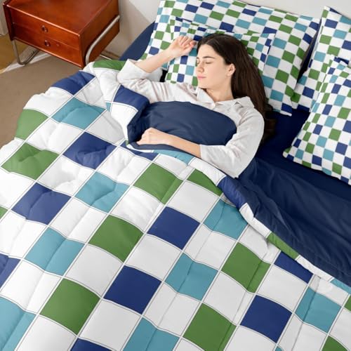 Image of Erosebridal Blue Green Checkered Comforter Set Full Size 7 Piece Navy Teal White Grids Plaid Bedding for Kids Boys Teen Men,Geometric Buffalo Gingham Bed in A Bag Modern Fashion Bed Set Room Decor