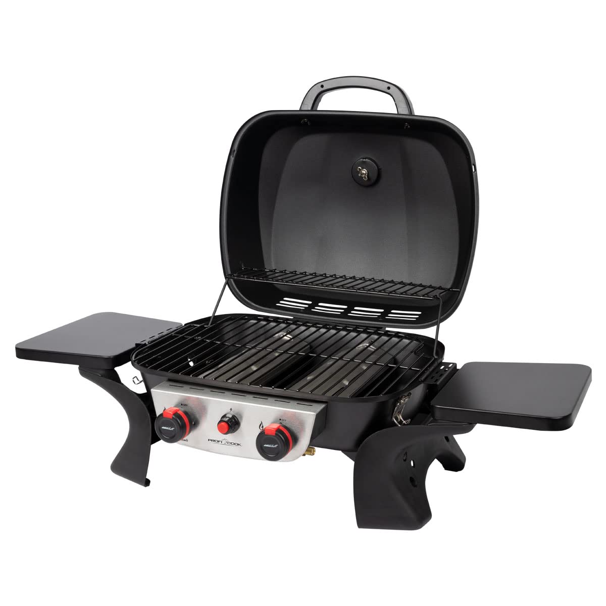 ProfiCook Gasgrill mit 2 Edelstahlbrennern | Tischgrill inkl. Gasdruckminderer & Gasschlauch | Grill mit Stabiler Metallhaube & Temperaturanzeige | Gasgrill klein für Balkon & Camping | PC GG 1261