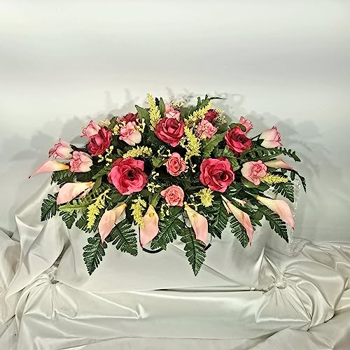 Cemetery-Saddle-for-Headstone-Realistic-Silk-Faux-Floral-Artificial-Grave-Flowers-Beauty-Pink-Roses-and-Calla-Lilies-for-Headstone-Flower-Saddle Cemetery Saddle for Headstone Realistic Silk Faux Floral Artificial Grave Flowers Beauty Pink Roses and Calla Lilies for Headstone Flower Saddle