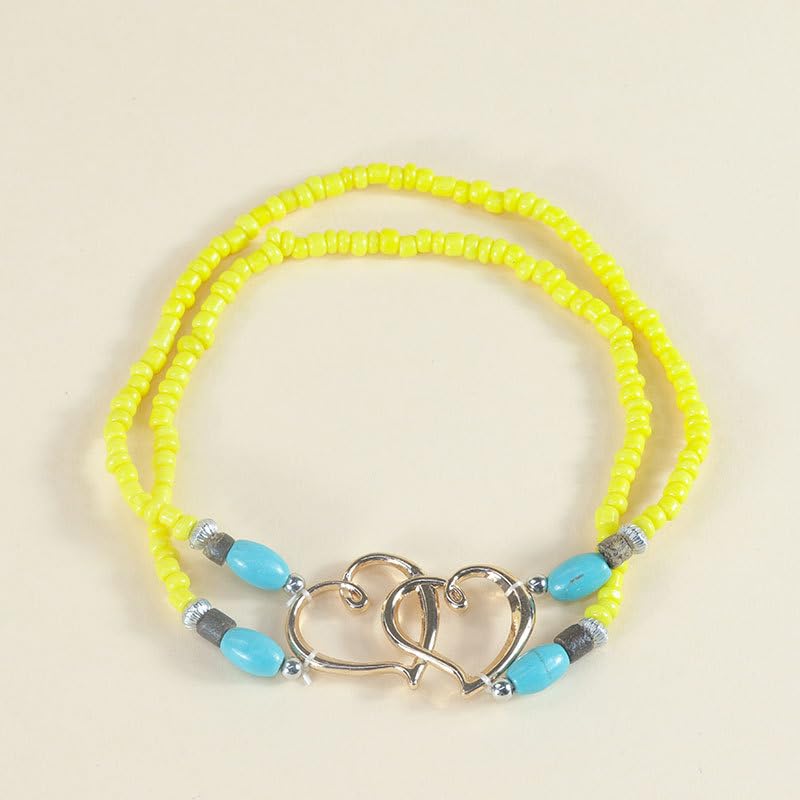Image of Elastic Beaded Ankle Bracelets for Women Double Heart Layered Stretch Ankle Bracelets Waterproof Dainty Boho Beaded Anklets for Summer Beach Foot Jewelry
