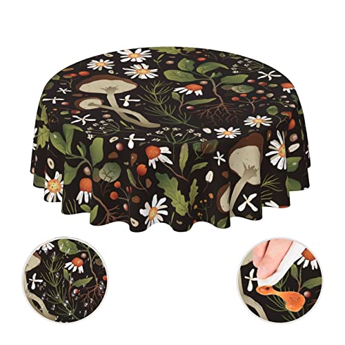 Duiywfh Mushrooms And Flowers Round Tablecloth 60" Waterproof Tablecover For Outdoor Patio Party Picnic Wedding Indoor Kitchen Dinner Tabletop Decoration #TOP7