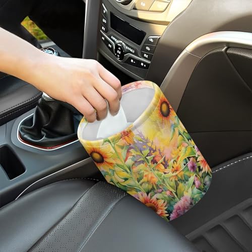 Image of Sunflower Car Trash Can Collapsible Hanging Portable Dustbin Bin Waste Basket Car Accessories Interior for Family Gatherings, Camping Small Trash Can